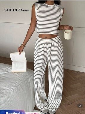 Women's cream & Black Striped Wide-Leg Lounge Pants
